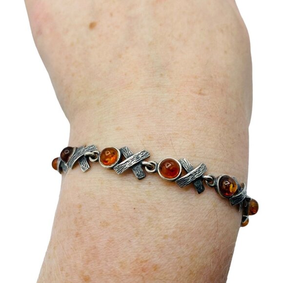 Sterling Silver  925 Amber Cabochon XO Tennis Link Bracelet 7inch Love Classy - Picture 1 of 6